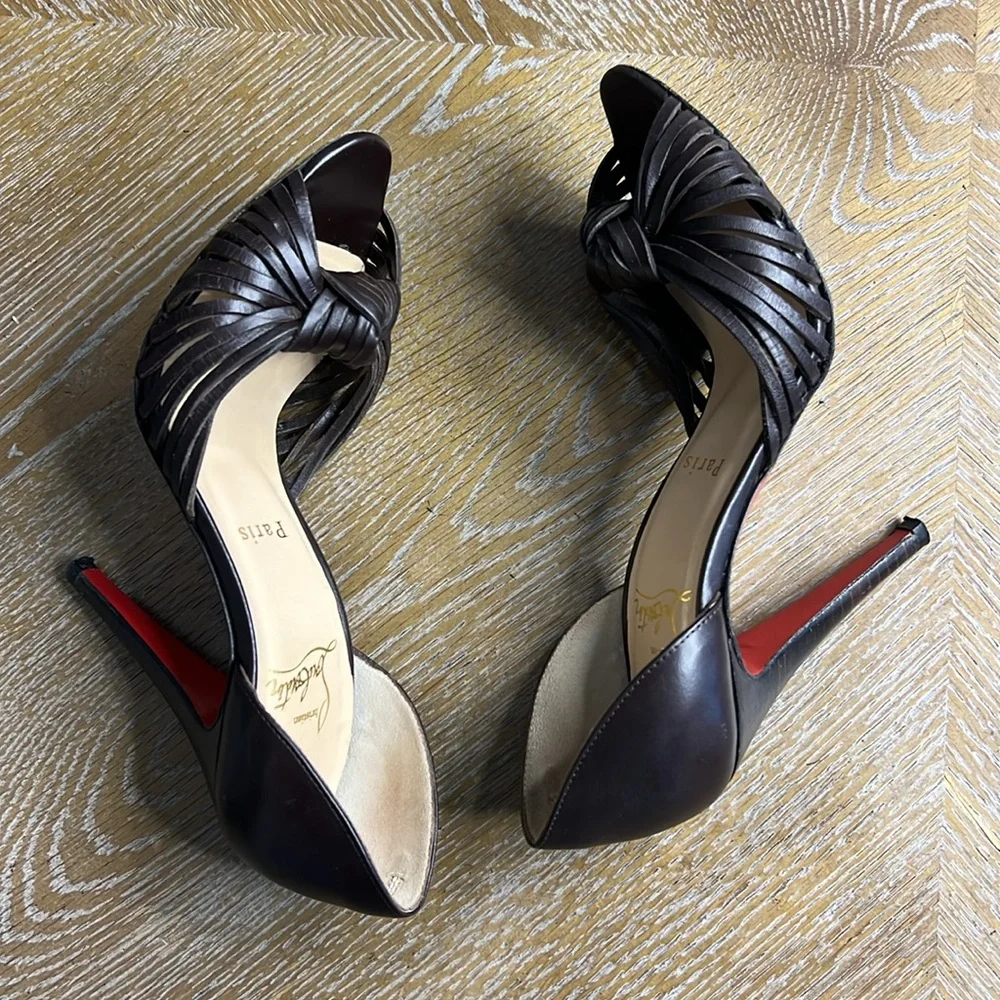 CHRISTIAN LOUBOUTIN Brown Leather Peep-Toe 4”  Heels 36 - Picture 9 of 13